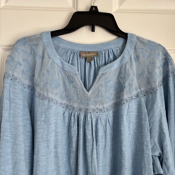 STYLE & CO. WOMENS TOP EMBROIDERED BLUE LONG SLEVEE PULLON COTTON SIZE 1X, 2X,3X - Picture 5 of 8
